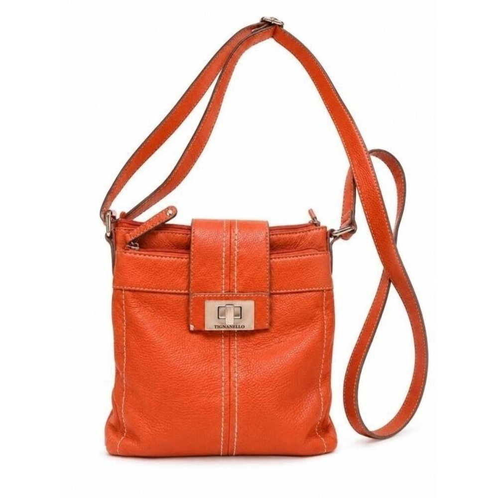 Tignanello Y2K Orange Crossbody Bag Genuine Leather Metal Hardware - Picture 2 of 11